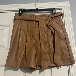 Tan leather shorts with tie leather belt